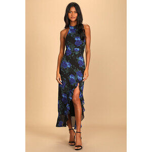 Lulus Elegant Entrance Black Floral Print Halter Maxi Dress - Size L